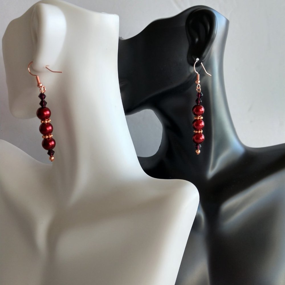 Red Faux Pearl Earrings On Copper Plated Brass Fishhooks Handmade 2.375 inches - Picture 10 of 16